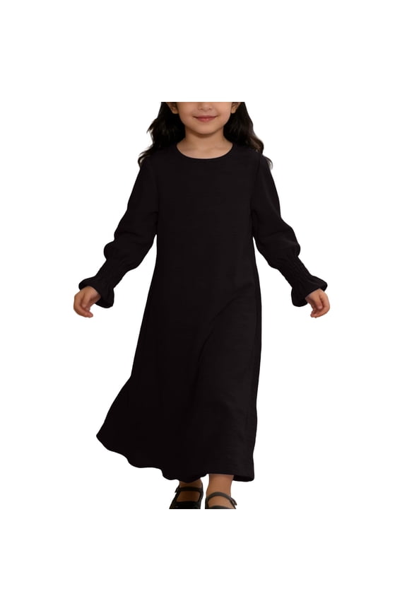 Girls Plain Abaya Dress Crewneck Maxi Prayer Kaftan for Ramadan & Mosque Comfortable Modest Robe for Everyday Brown