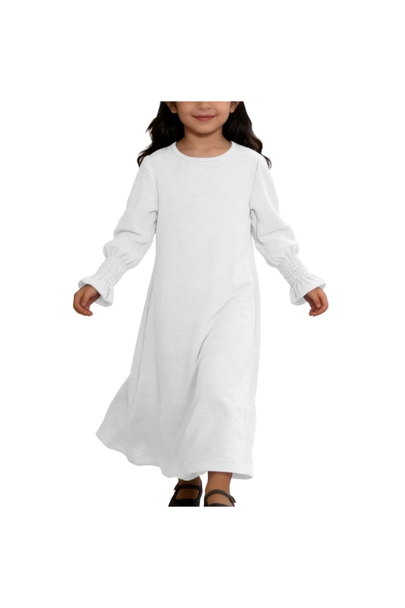 Girls Plain Abaya Dress Crewneck Maxi Prayer Kaftan for Ramadan & Mosque Comfortable Modest Robe for Everyday White