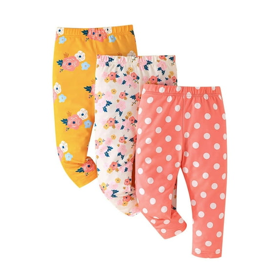 shoper Girls Printed Pants Set 3 Pack Floral Dot Design Comfortable Stretchy Waist Casual Outfit for Toddler Baby 3PCS 2-3 Years