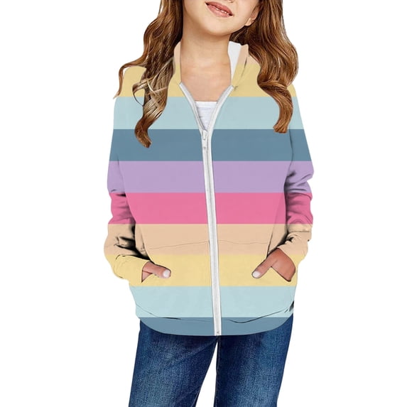 shoper Girls Rainbow Zip Up Hoodie Cute Casual Fall Winter Girls Zipper Hooded Jacket with Pockets, Cute Trendy Outfits for School, Play, and Daily Wear 3-14 Years