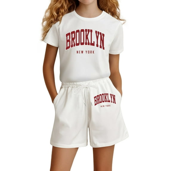 shoper Girls Short Sets Size 6 Cotton Letter Print Short Sleeve T-Shirt and Shorts Trendy Youth Clothing Back To School Outfits 2 Piece White 110