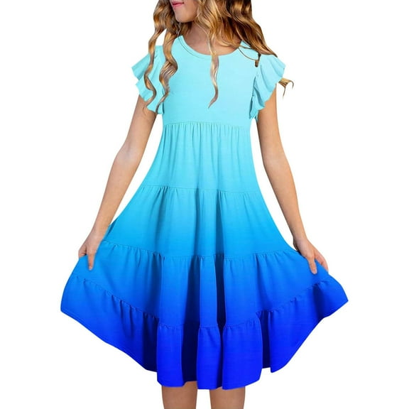 shoper Girls Spring Dress Ruffled Sleeve Gradient Color Crew Neck A-Line Flowy Casual Dresses Girls Princess Dress Blue 150