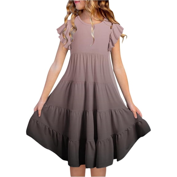 shoper Girls Spring Dresses Size 10-12 Ruffled Sleeve Crew Neck Gradient Color Tiered Elegant Summer Dress Girls Flower Girl Communion Dress Brown 130