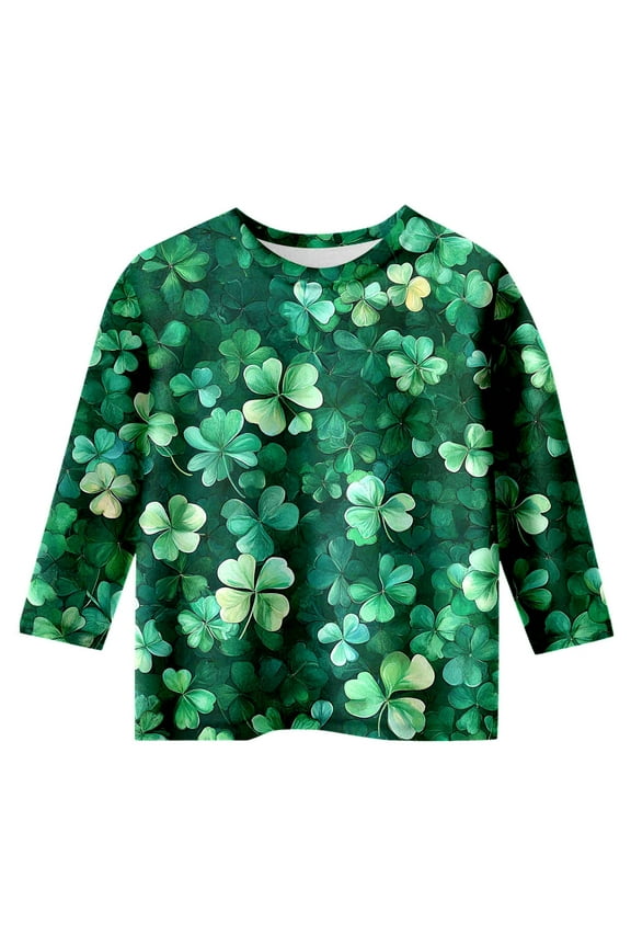 Girls St Patricks Day Shirt Round Neck Paddy's Day Graphic Tee for Kid long-Sleeve Shirts for Teen Kids Light Green 130
