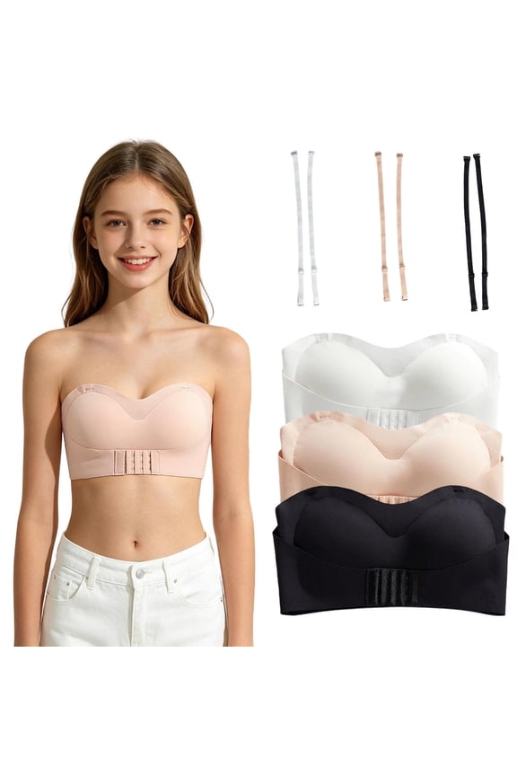 Girls Strapless Bra Bandeau Bras 10-12 12-14 14-16 16-18 with Clear Straps Seamless Wireless Non- Kids Tube Top White