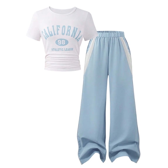 shoper Girls' Summer 2-Piece Outfit Set Bow-Embellished Short-Sleeve Top + Flared Pants Size 8-13 Years Old
