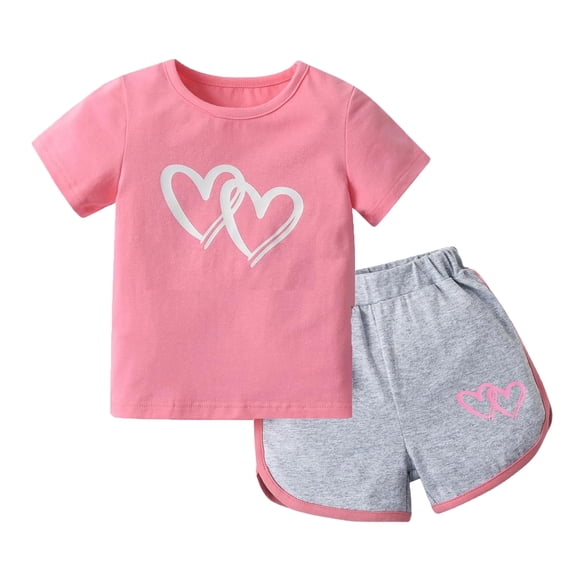 shoper Girls Summer Casual Outfit Set Heart Print Short Sleeve Top and Shorts Two Piece Toddler Clothes, 2T Girls Summer Clothes