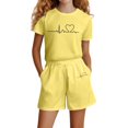 thumbnail image 1 of shoper Girls Summer Outfits 2 Piece Cute Letter Graphic Tshirts and Shorts Sweatsuits Toddler Kids Preppy Tracksuit Size 4-14 Back to School Clothes, 1 of 5