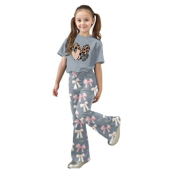 shoper Girls Summer Outfits 4t Print Short Sleeve Tops and Valentines Day Pant Set Crew Neck Soft Athleisure Short Sleeve Set Back To School Clothes