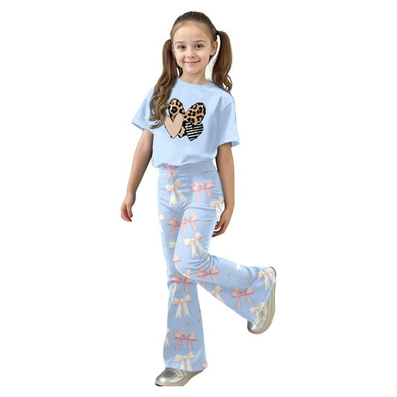 shoper Girls Summer Outfits Print Short Sleeve Tops and Flare Pants 2-Piece Set Crew Neck Loose Fit Two Piece Set for Children Preppy Clothes