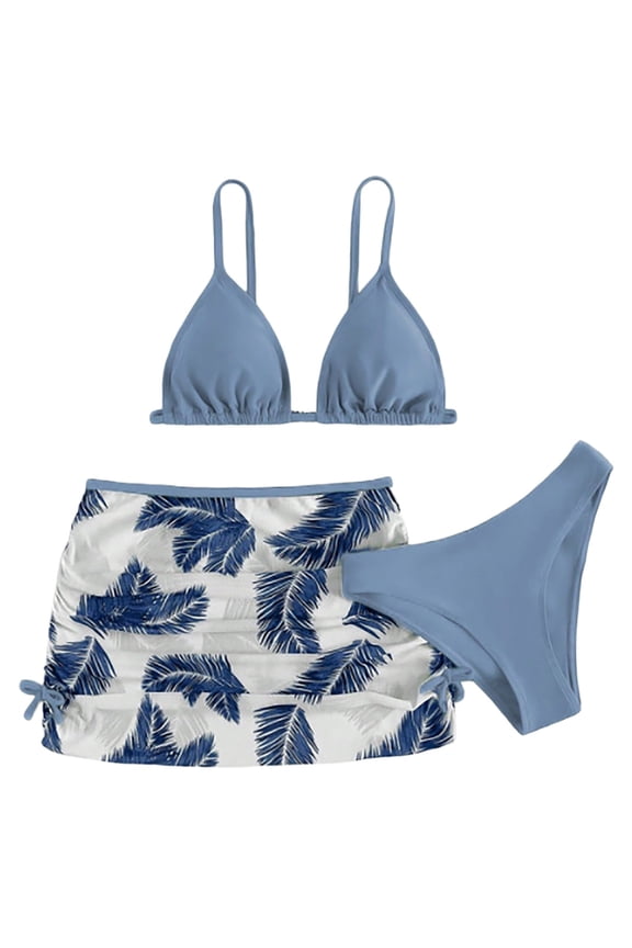 Girls Swimsuits 3 Piece with Skirts Tropical Floral Print Girls Strap Bikini Set Bathing Suits Teen Girls' Swimwear Size 6-14 Years Light Blue