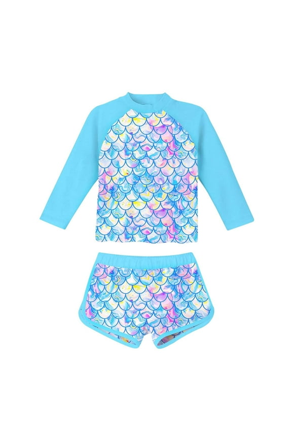 Girls Swimwear Set Long Sleeve Rash Guard Top & Shorts Swimsuit for Tween & Big Kids Cute Print Design for Pool & Beach Use Sky Blue 14Y