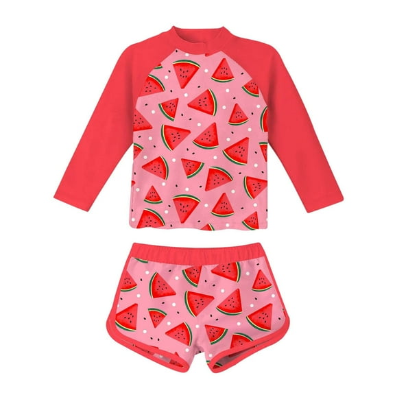 shoper Girls Swimwear Set Long Sleeve Rash Guard Top & Shorts Swimsuit for Tween & Big Kids Cute Print Design for Pool & Beach Use Watermelon Red 14Y