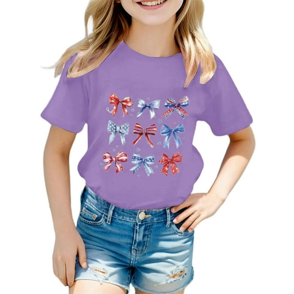 shoper Girls T-Shirts Crewneck Shirt Loose Short Sleeve Printed Pattern Summer Tops Girls' Tees Short Sleeve Purple 160
