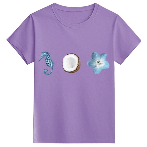 shoper Girls T Shirts Size 7-8 Printing T-Shirt Clothes Soft Cotton Crew Neck Tees Cute Casual Tops Purple 90