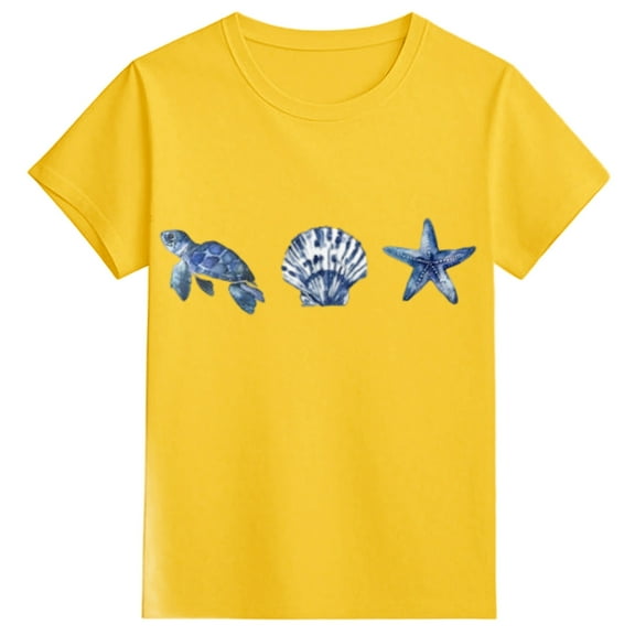 shoper Girls T Shirts Size 7-8 Printing T-Shirt Clothes Soft Cotton Crew Neck Tees Cute Casual Tops Yellow 130