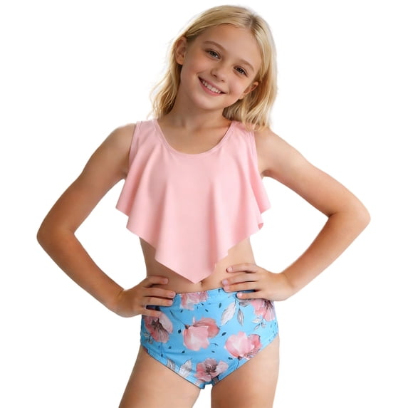 shoper Girls Tankini Swimsuits Ruffled Tank Top Stretch Floral Modest Swimwear High Waisted Bikini for 2-12Y Light Pink