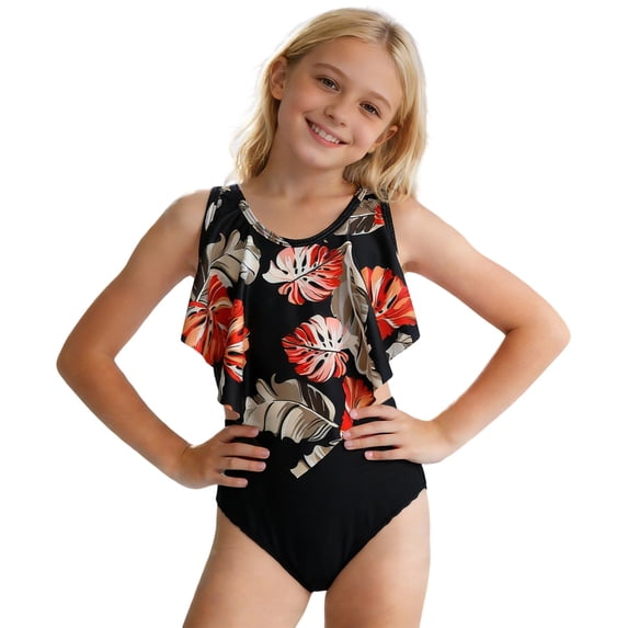 shoper Girls Tankini Swimsuits Ruffled Tank Top Stretch Floral Modest Swimwear High Waisted Bikini for 2-12Y Orange