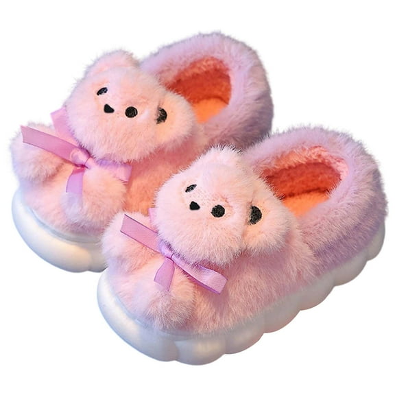 shoper Girls Winter Slippers Warm Fuzzy Indoor Cartoon Bear Design Comfortable Non- Thick Sole For Kids And Toddlers