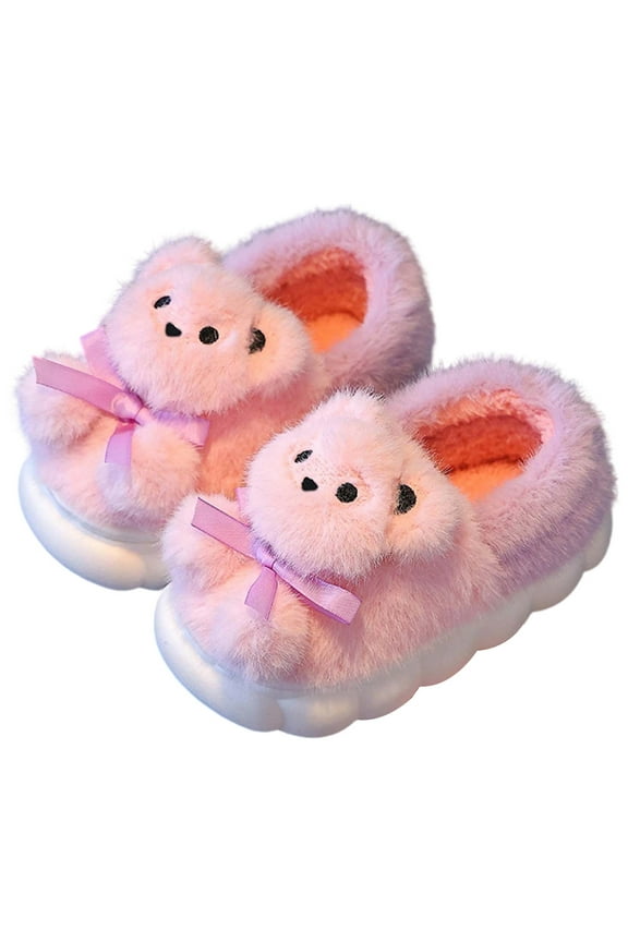 Girls Winter Slippers Warm Fuzzy Indoor Cartoon Bear Design Comfortable Non- Thick Sole For Kids And Toddlers