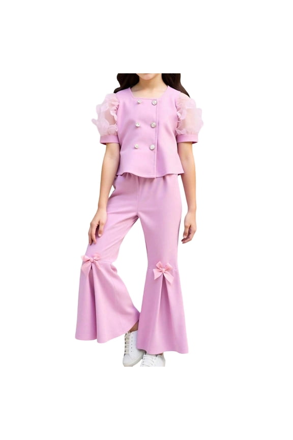 Girls formal Summer Outfit Set Elegant Top with Bow Tie and Flared Pants for Performance Evening Party Occasion Wear, Toddler Girl Summer Outfits