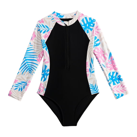shoper Girls tankini Swimsuit 14-16 Girls Long Sleeve Swimsuit Colorful Floral Print Zipper Front Beach Swimwear for and Summer Black 11-12 Years