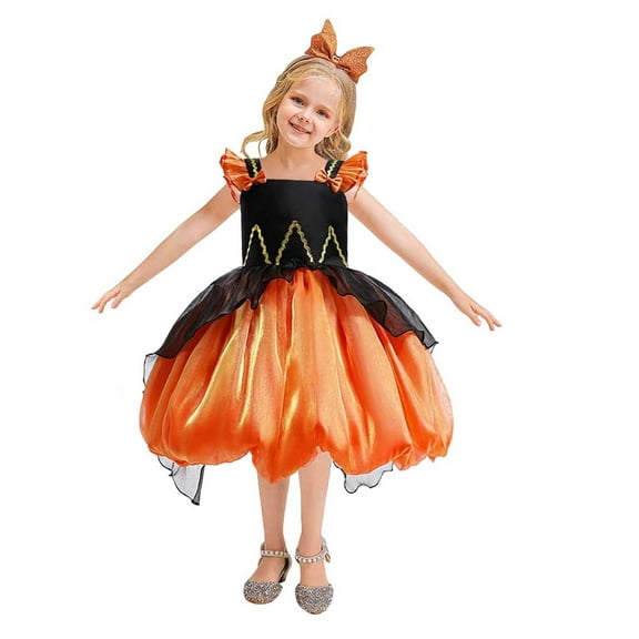 shoper Halloween Dresses for Girl Ruffled Sleeve Mesh Skirt Party Outfit Playful Toddler Dress for Seasonal Festivities