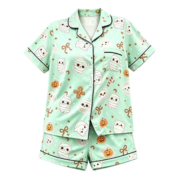 shoper Halloween Girls Pajama Set Lapel Collar Long Sleeve Pants Soft Spandex Sleepwear 2-15 Years