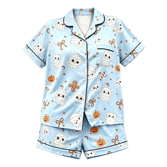 shoper Halloween Girls Pajama Set Lapel Collar Long Sleeve Pants Soft Spandex Sleepwear 2-15 Years