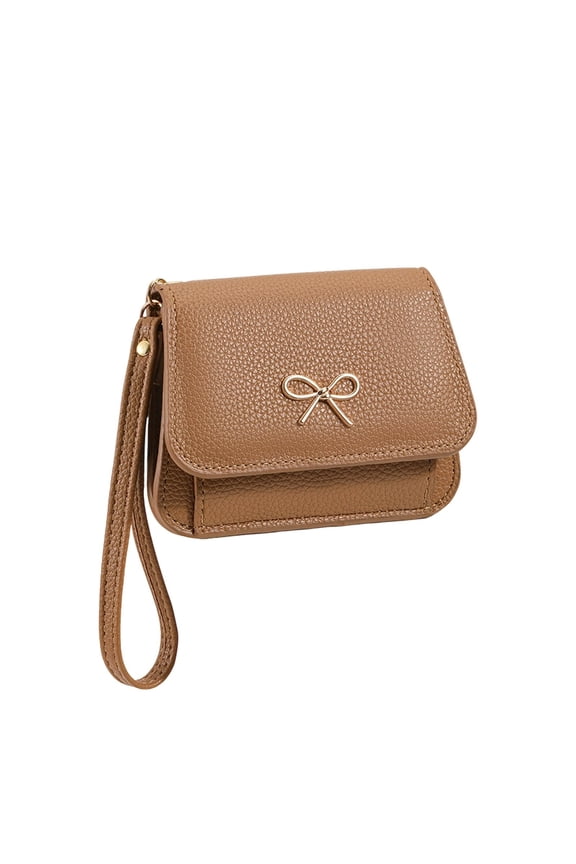 Handheld Purse and Card Holder – Litchi Texture Zippered Soft Small Wallet Brown