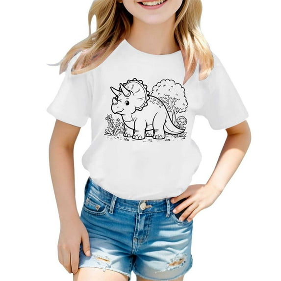 shoper Handmade Doodle Sketch Coloring T Shirts Boys and Girls Short Sleeve Dinosaur Diy Hand Painted T Shirt Summer Tees White 130