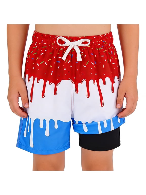 Ice Cream Swimming Trunks for Boys 6-7 with Boxer Brief Liner Quick Dry Drawstring Summer Beach Shorts Boy Casual Soft Dinosaur Boys Bathing Suit