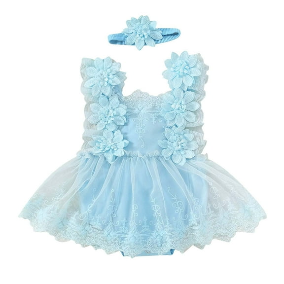 shoper Baby Girl Romper Dress Sleeveless Bow Flower Lace Princess Dress Bodysuit Headband Summer Cotton Outfits Blue 90
