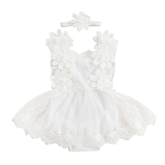 shoper Baby Girl Romper Dress Sleeveless Bow Flower Lace Princess Dress Bodysuit Headband Summer Cotton Outfits White 80