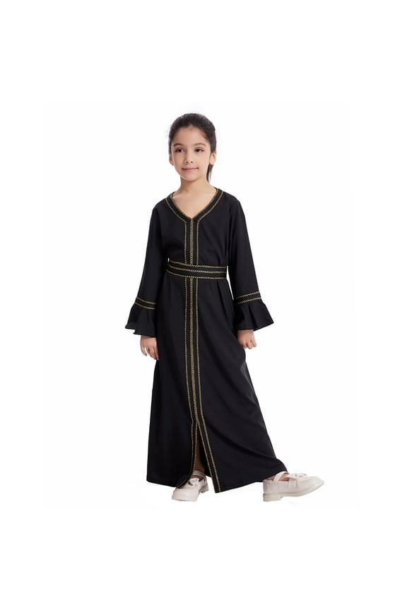 Abaya for Kids Girls Long Sleeve Ruffle Kaftan Robe Embroidered Arabic Dress Solid Color Prayer Dress Black