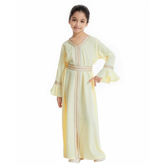 shoper Abaya for Kids Girls Long Sleeve Ruffle Kaftan Robe Embroidered Arabic Dress Solid Color Prayer Dress Yellow