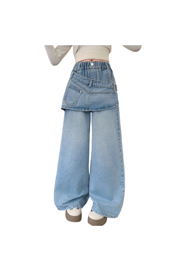 Jeans for Girl Fashion Casual Straight High Waisted Baggy Jeans Y2K Gradual Waist Skirted Patchwork Wide Leg Denim Pants Light Blue