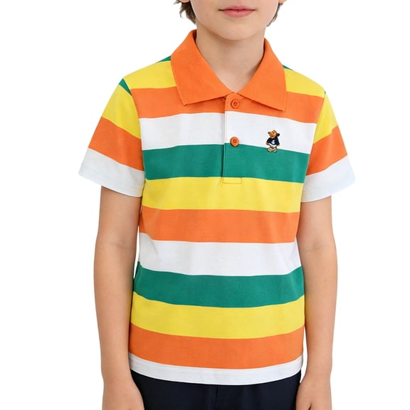 shoper Kids Boys Striped Polo Shirt Short Sleeve School Uniform Shirt Cartoon Embroidery Performance Golf Polo Shirts Button Closure Soft T-Shirts 2026