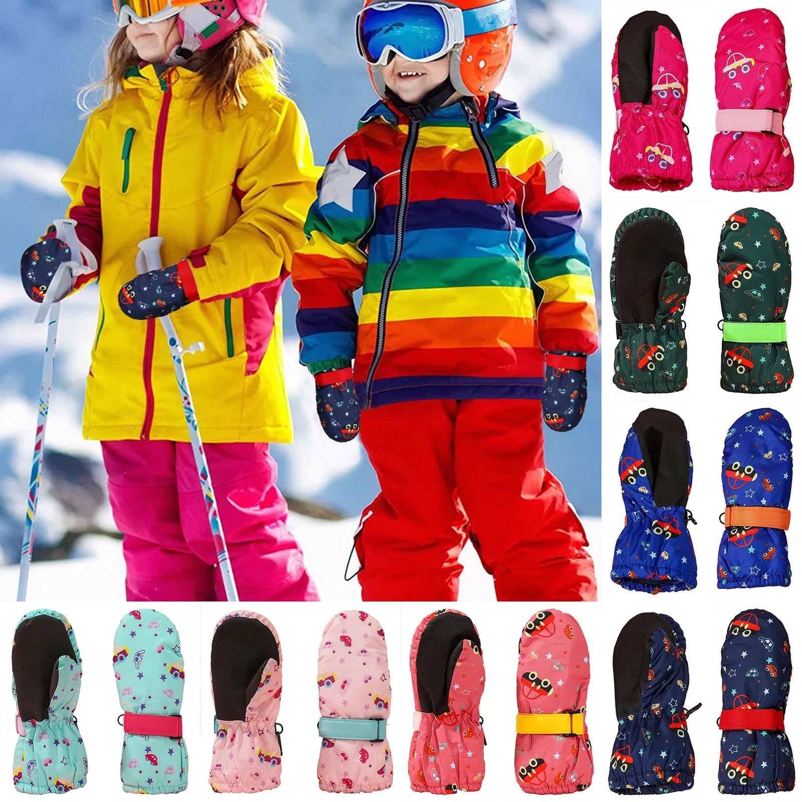shoper Kids Cartoon Car Print Mittens with Waterproof Shell, Non Grip ...