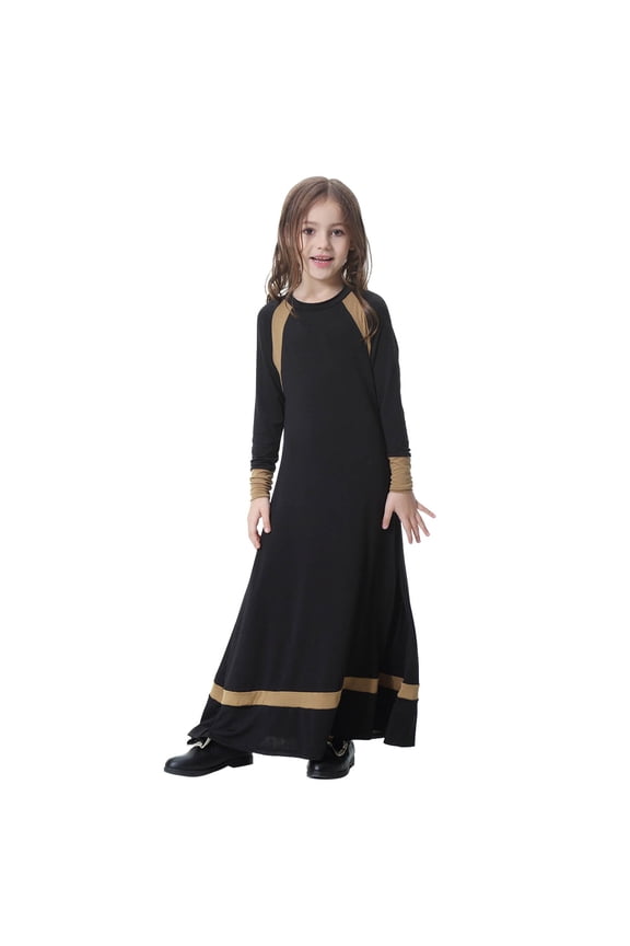 Kids Girls Dress Long Sleeves Soft Full Length Robe Burka Arab Prayer Maxi Abaya Kaftan Dress Black