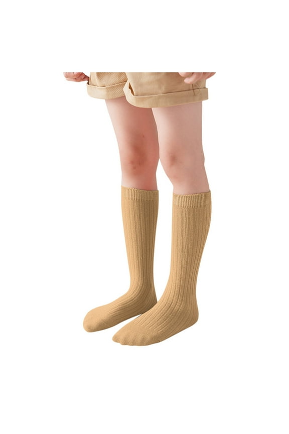 Kids Socks for Boys and Girls Seamless Knee Socks Solid Color Cable Knit Uniform Socks Cotton Long Socks Kids Dress Socks Khaki One Size