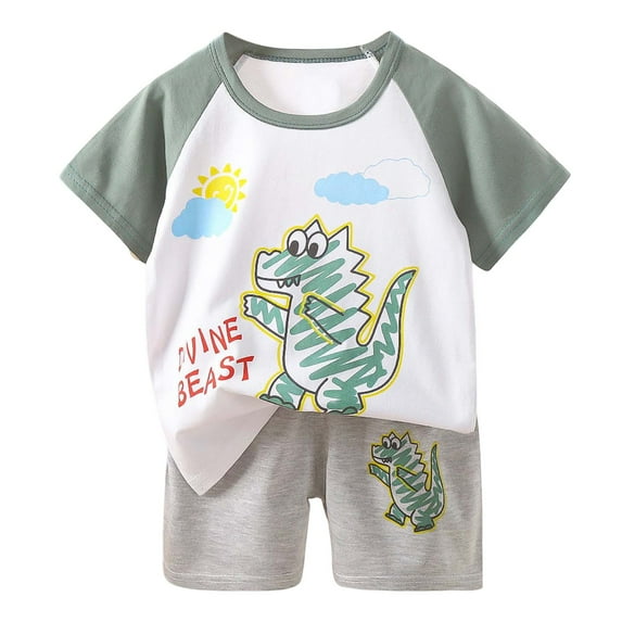 shoper Little Boys 2 Piece Short Pajamas Cartoon Sleepwear Cotton Toddler Dinosaur Pjs Summer Kids Clothes Light Gray 110