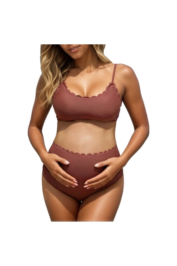 Maternity Swimsuit Two Piece High Waisted Scalloped Bikini Set Pool Beach Adjustable Straps Pregnancy Bathing Suit Coffee L