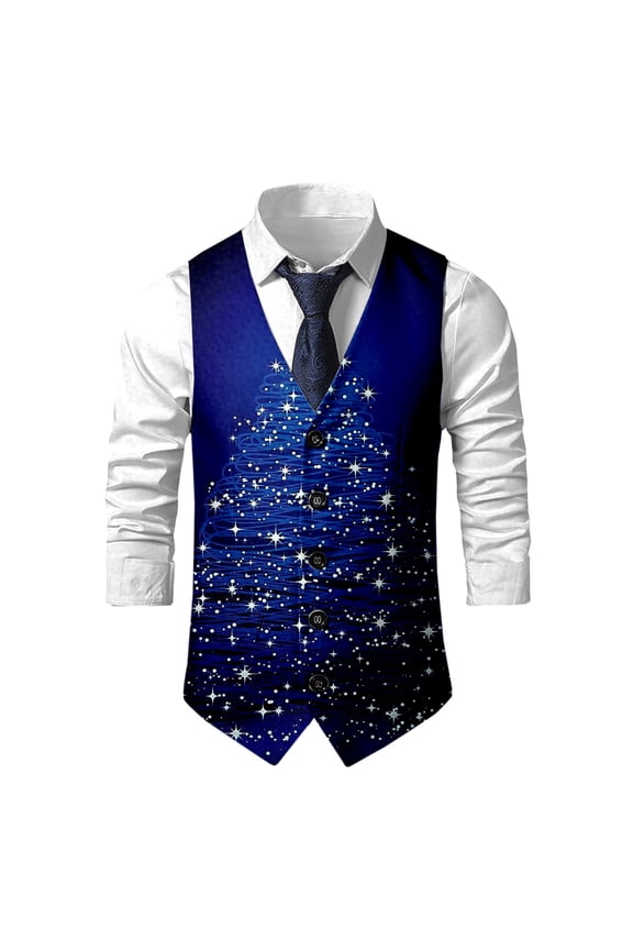 Mens Christmas Suit Vest Xmas Holiday Tree Snowflake Vest Button Down Jacquard Waistcoat Party Tops XXXL