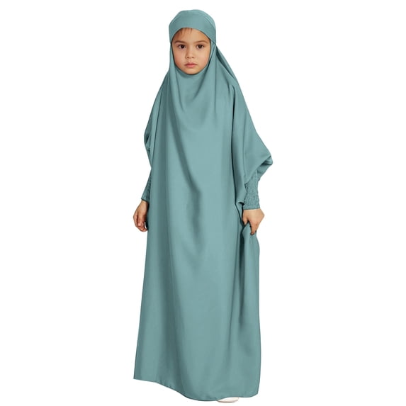 shoper One Piece Prayer Hijab Dress Kid Hooded Abaya Full Cover Satin Silky Islam Dubai Modest Robe Light Green