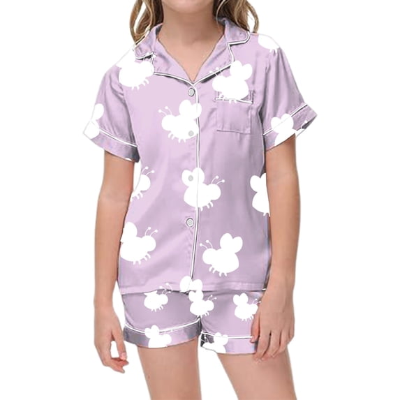 shoper Baby Girl Pajamas Set Collared Bee Print Short Sleeve and Shorts Loose Children Loungewear Sets Toddler Girl Summer Pajamas Light Purple 150