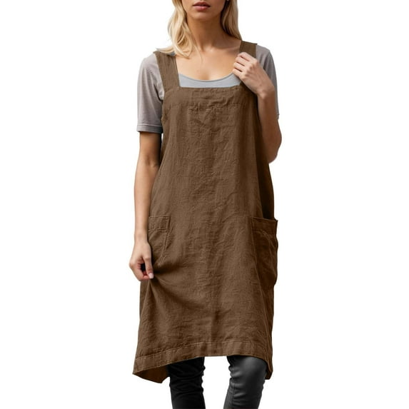 shoper Pinafore Cross Back Apron for Women with Pockets Smock for Work Gardening Cooking Painting Baking Khaki M