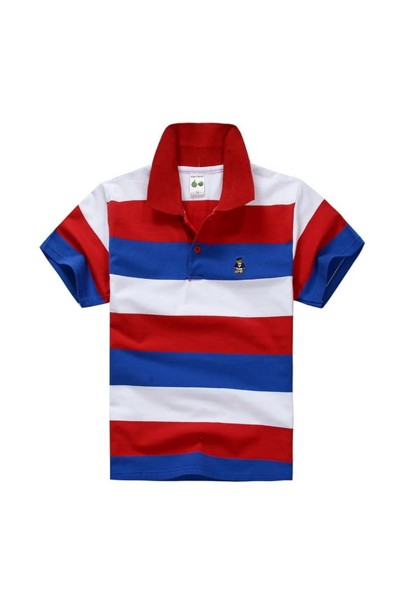 Polo Shirts for Boys Collared Striped Print Short Sleeve T-Shirts Fashion Holidays Tops Shirts for Teen Kids Red 16