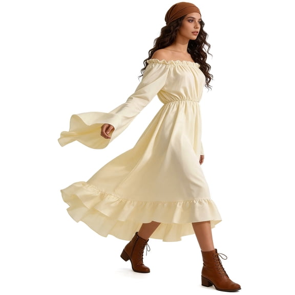 shoper Renaissance Dress for Women - Convertible Maxi Dress Gothic Lace-up Boat Neck Bell Sleeves Boho Dress Retro Gown Long Dress Beige M