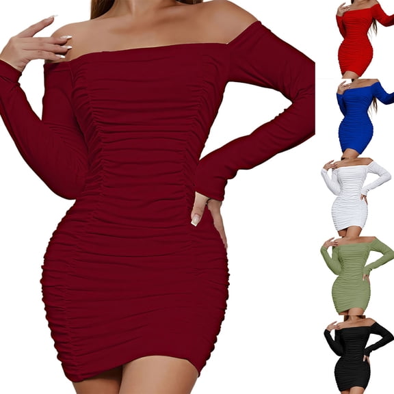 shoper Ruched Off Shoulder Dress for Women Club Party Wear Bandeau Bodycon Long Sleeve Dress Cocktail Dresses Women's Clothing Wine XS